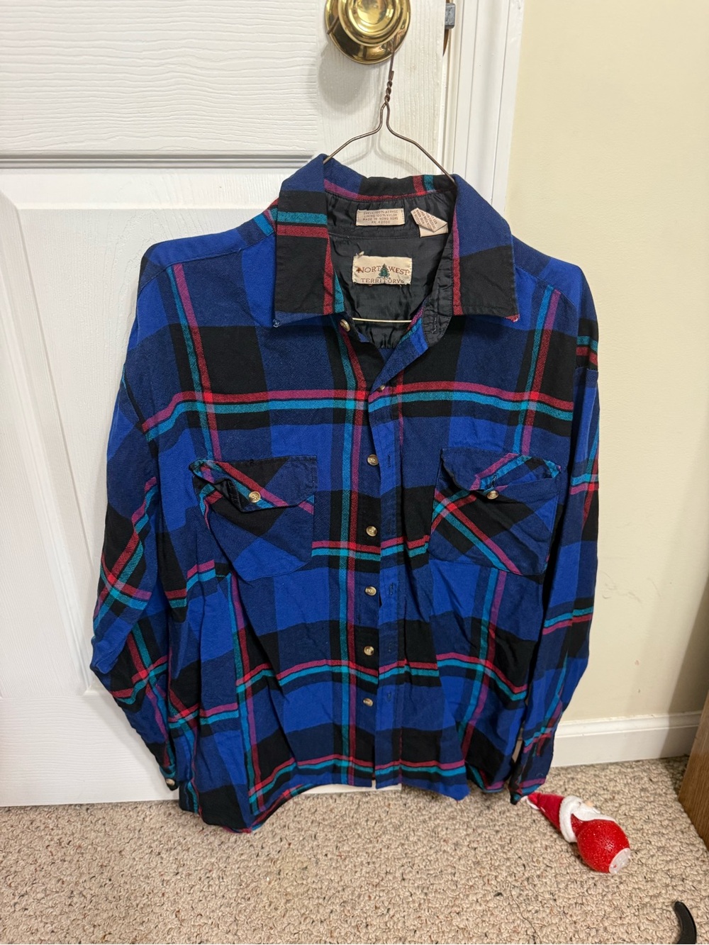 Vintage large acrylic Blue & Black Plaid Button-Up and Shirt